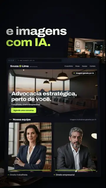 Site de escritório fictício com imagens geradas por IA e a indicação de imagem gerada por IA