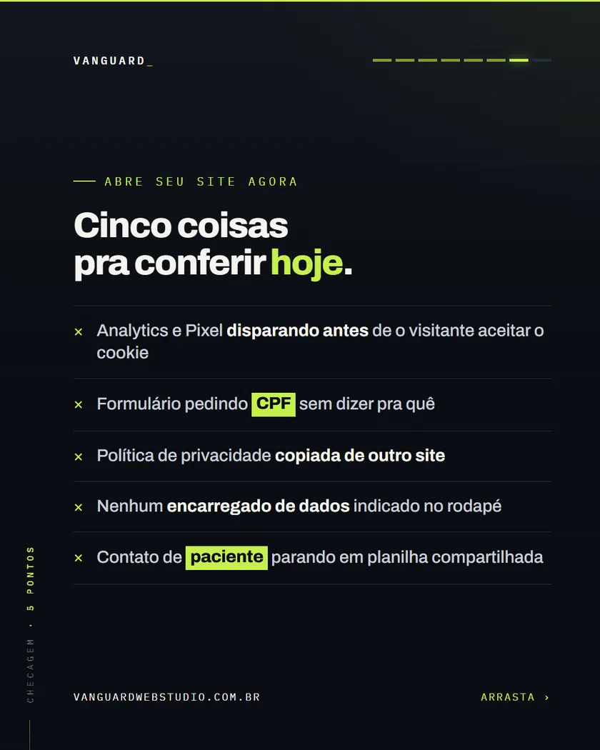 Cinco coisas pra conferir hoje: Analytics e Pixel disparando antes de o visitante aceitar o cookie; formulário pedindo CPF sem dizer pra quê; política de privacidade copiada de outro site; nenhum encarregado de dados indicado no rodapé; contato de paciente parando em planilha compartilhada.