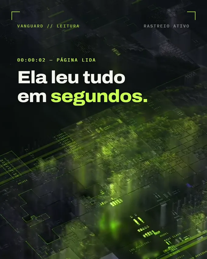 Quadro do reel: Ela leu tudo em segundos, sobre uma cidade de dados verde-lima.